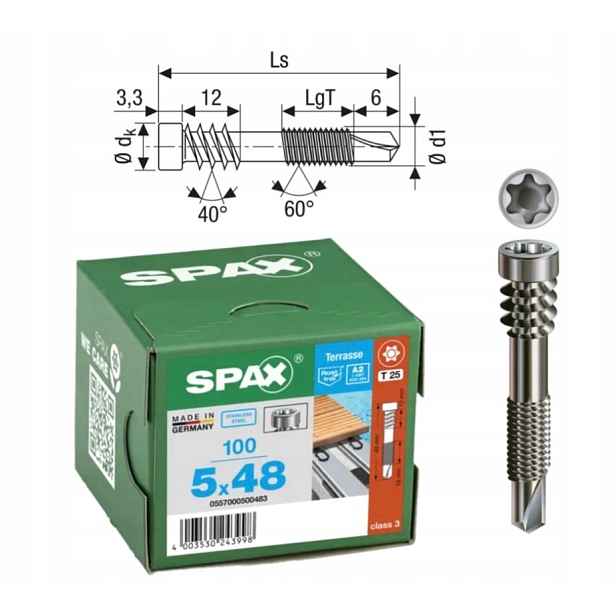 Šrouby do terasového prkna, pro ocel Spax 5 x 48 mm 100 ks