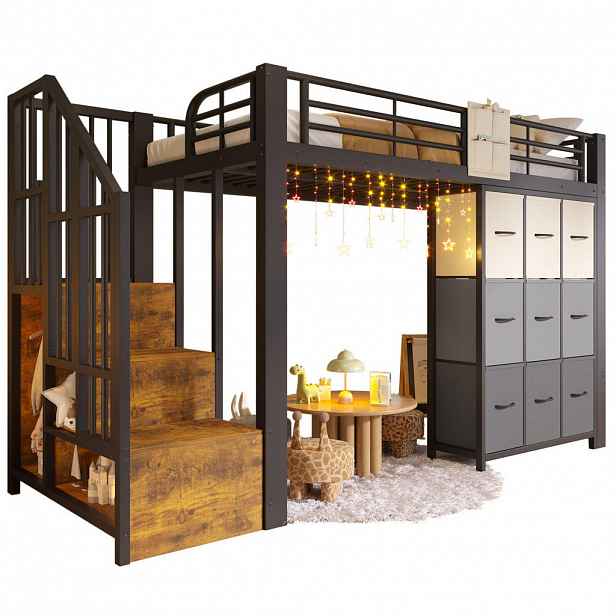 Redom VYSOKÁ postel 90/200 cm s úložnými zásuvkami, schody se skříňkou, šatní tyčí a zábradlím, MDF/kov, Černá