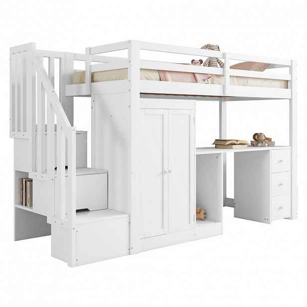 CHICFURN VYVÝŠENÁ POSTEL 90/200 cm v bílé barvě s psacím stolem, skříní a úložnými schody
