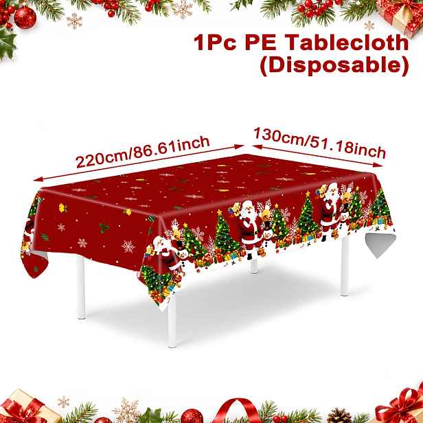 TEMU 1 ks, Červený vánoční jednorázový PE ubrus, 220 x 130 cm, ubrus s Santa a sněhuláka, Vánoční dekorace na večírek, Vánoční , Potřeby pro šťastný
