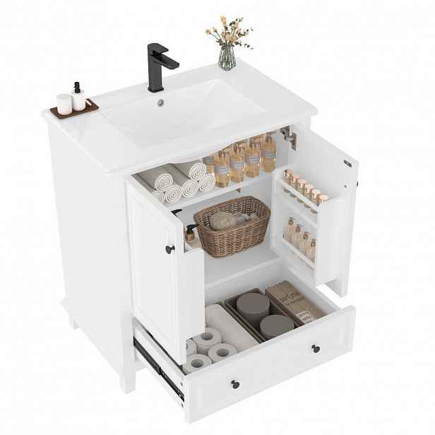 OKWISH KOUPELNOVÁ skříňka s umyvadlem 76/46/87 cm bílá z MDF a keramiky s úložným prostorem