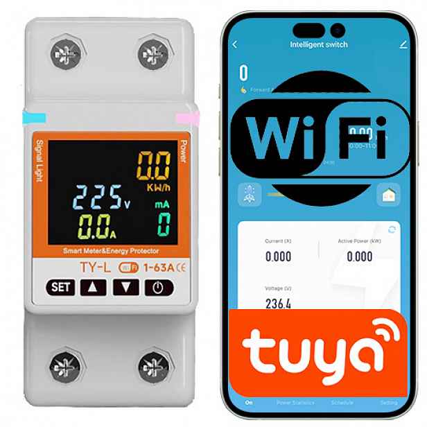 WiFi měřič energie Tuya 63A Din s displejem měří watty 1-fázový Smart
