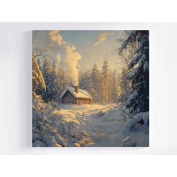 Obraz Na Plátně Canvas Krajina Zima Sníh Závěje Les Dům Chata Slunce 50x50