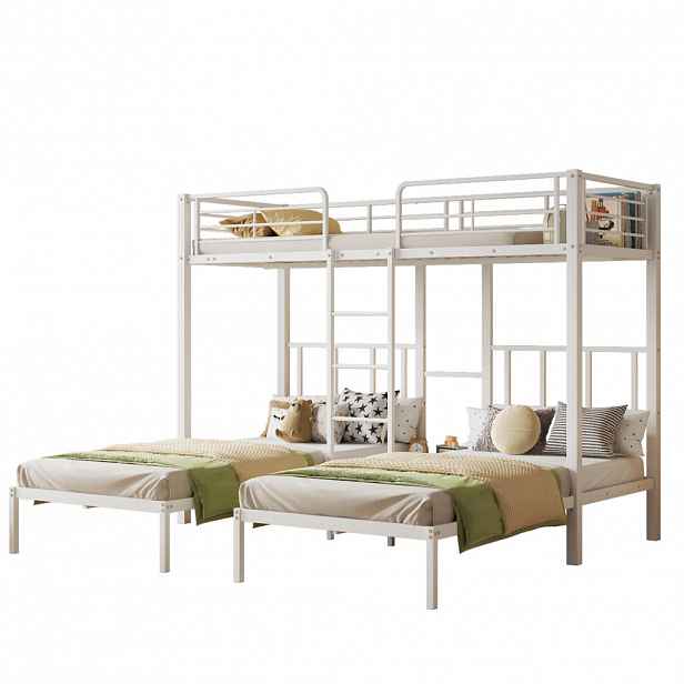STILVORA ETAGENBETT 90/200 cm in Weiß mit Leiter, Ablage und Tisch Metall Kinderbett