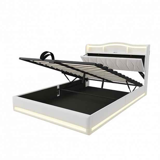 ČALOUNĚNÁ postel 160x200 cm béžová s LED, USB a TypeC, úložným čelem a boxem na lůžko