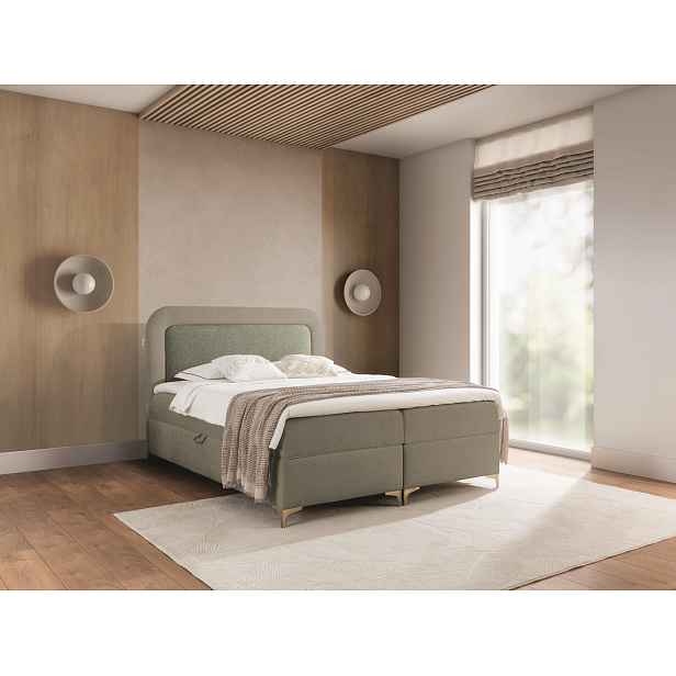 Vyvýšená kontinentální čalouněná postel 120x200 EVELINA - oliva / mátová + topper ZDARMA