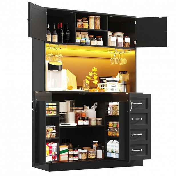 Redom BUFFET 120/40/188 cm s LED osvětlením, 4 dvířky a 2 zásuvkami, prostorný úložný prostor, Černá