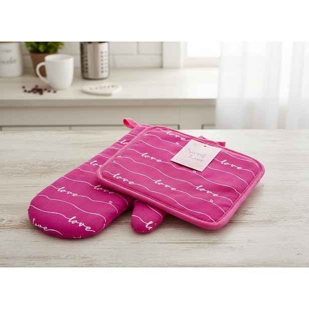 Kuchyňský SET rukavice/chňapka SWEET LOVE růžová 18x30 cm/20X20 cm , 100% bavlna
