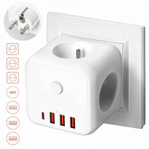Napájecí kostka pro 3 zásuvky 4x Usb Bílý Rozbočka Síťový vypínač