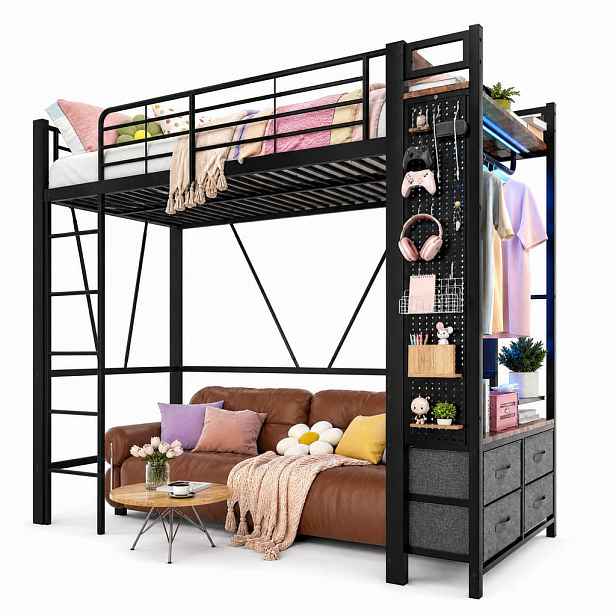 CHICFURN VYSOKÁ POSTEL 90/200 cm v černé barvě se 4 zásuvkami, LED a USB/Type-C