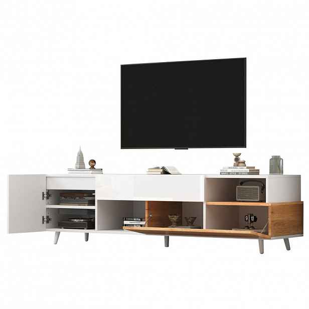 Redom TV stolek 180/38/50 cm s vysokým leskem, zásuvkou a více úložnými prostory, Bílá/přírodní