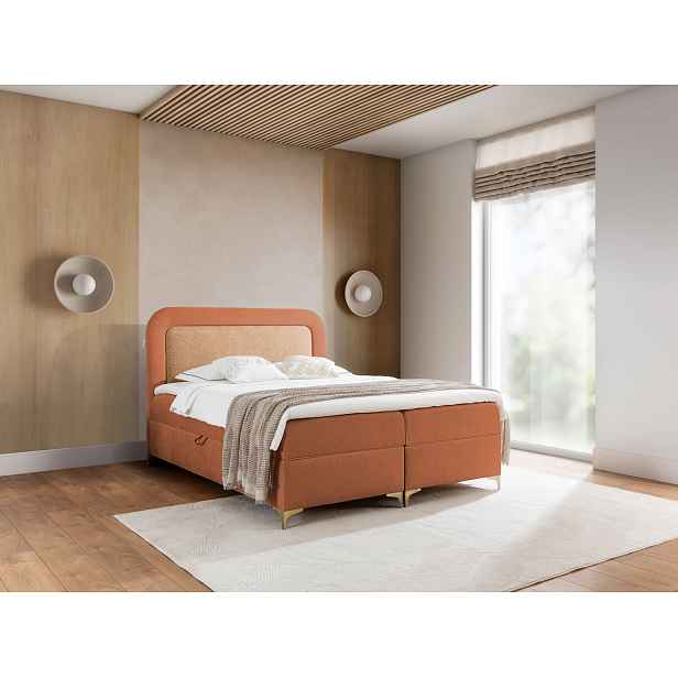 Vyvýšená kontinentální čalouněná postel 120x200 EVELINA - oranžová / cihlová + topper ZDARMA