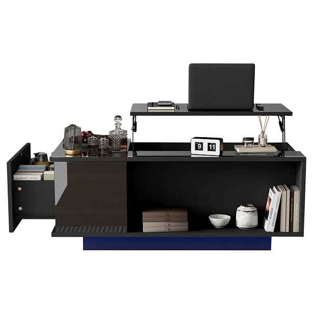 Modfu KONFERENČNÍ stolek z dřevotřísky 100x50x40 cm černý s výklopnou deskou, zásuvkou, úložným prostorem a LED osvětlením
