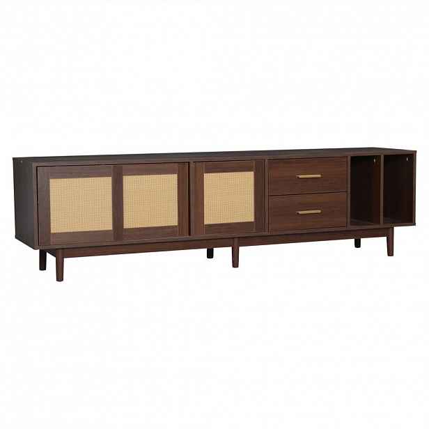 Urban Meuble TV STOLEK 190 cm hnědá a ratan s posuvnými dveřmi, 2 zásuvkami a 6 nohami v retro designu