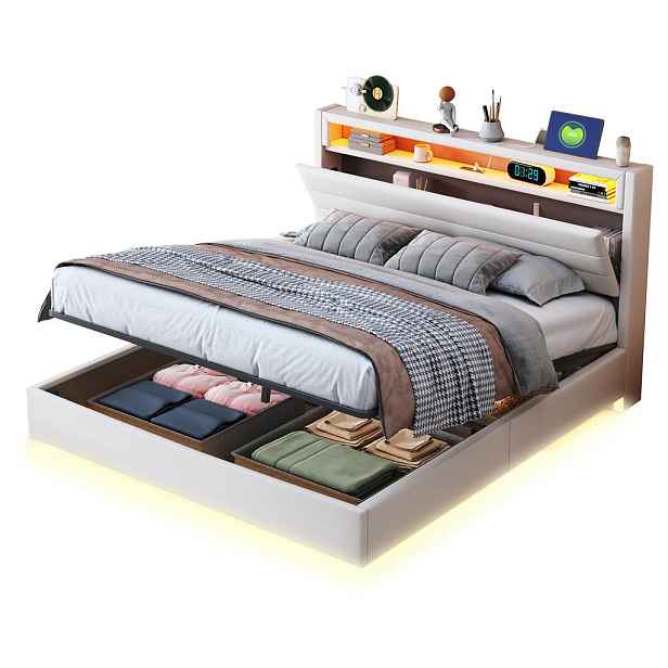 Modfu ČALOUNĚNÁ postel z lněné tkaniny 140x200 cm béžová s LED, USB a hydraulickým úložným prostorem