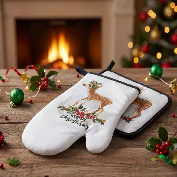 Vánoční kuchyňská rukavice a chňapka JINGLE BELLS bílá/červená – 2 ks