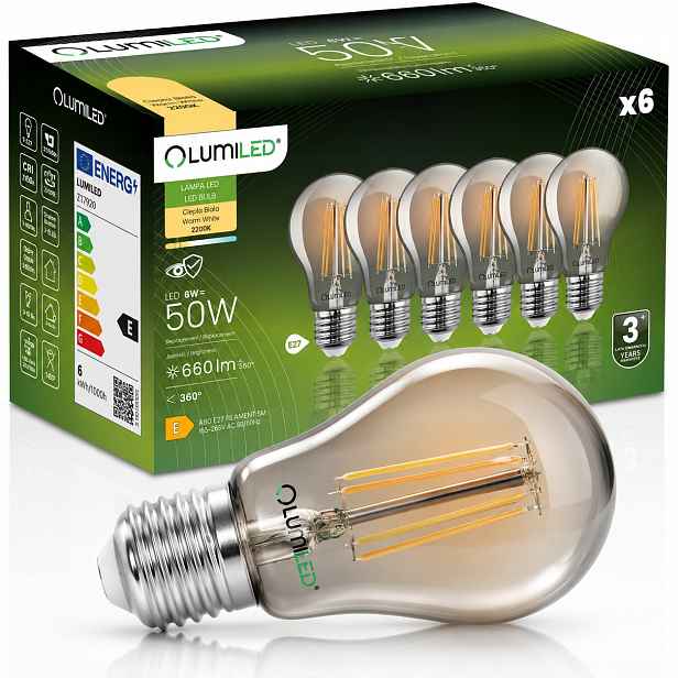 6x Led žárovka E27 A60 6W 50W 660lm 2200K Teplá 360° Kouřová Filamentová