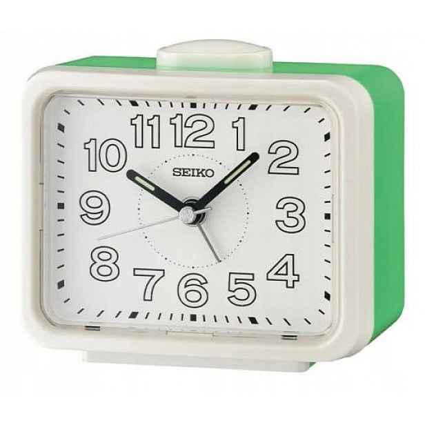 Bílý Zelený Budík Seiko QHK061W Hlasitý Alarm Tichý Mechanismus 11x8,5 cm