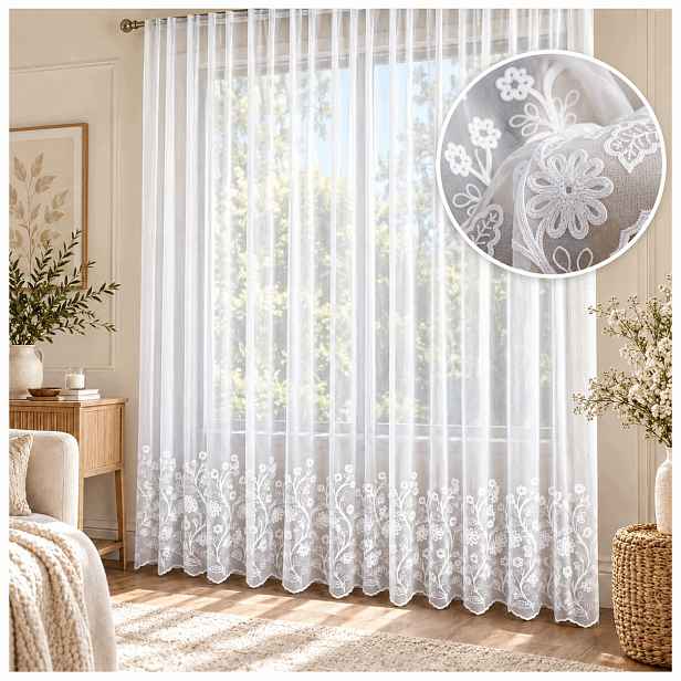 350x180 Elegantní bílá záclona s vyšívací páskou, libovolná výška s bleskem