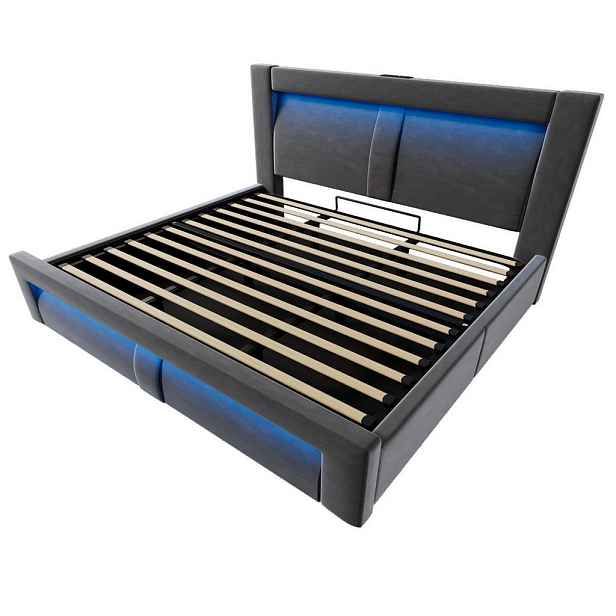 Modfu ČALOUNĚNÁ postel z sametu 180x200 cm šedá s LED osvětlením, USB a Type-C nabíjením, hydraulickým úložným prostorem
