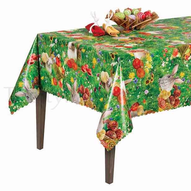 Cerata tlustý ubrus Velikonoce zelený zajíček kraslice louka květiny 140x450