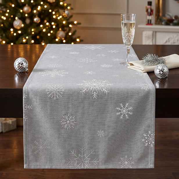 Vánoční běhoun na stůl SNOWFLAKE světle šedá 40x140 cm