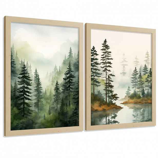 PLAKAT Sada 2 dekorativních tisků Nordic Forest Landscape Obrázky - zelené a hnědé dekorativní plakáty A4 světlý dřevěný rám