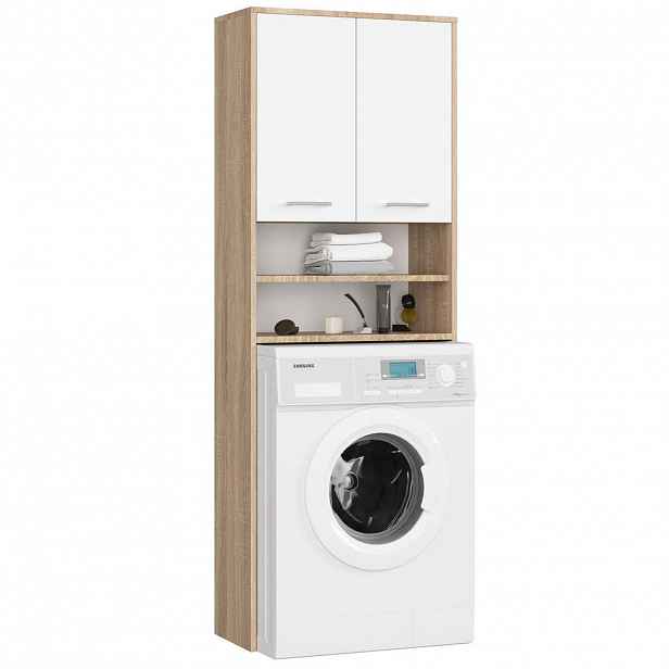 RAUMHIRSCH FURNITURE SKŘÍŇ NA PRAČKU se dvěma dvířky, 64 × 30 × 190 cm dub Sonoma, bílá
