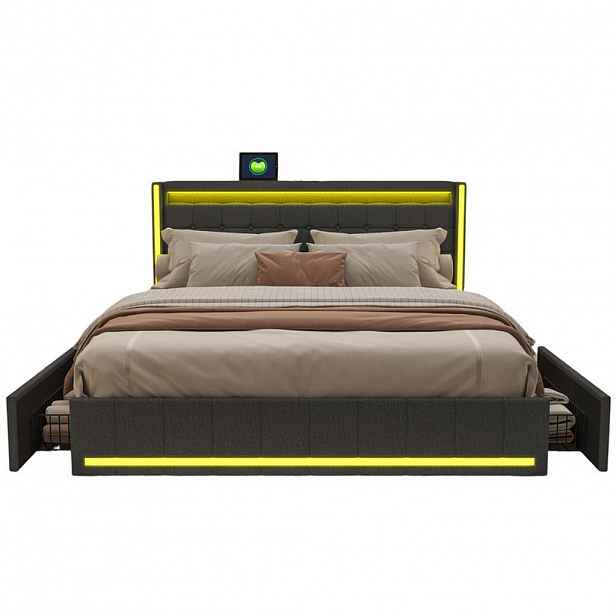 SHOPENTRA MANŽELSKÁ postel 140x200cm šedý lněný LED zásuvky USB typ-C