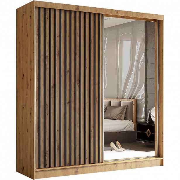 Beautysofa SKŘÍŇ s posuvnými dveřmi Helix 200/216/61 dub Artisan + černá se zásuvkami