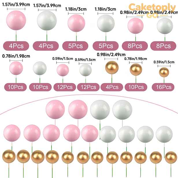 TEMU Caketoply GO 108ks Růžová série kuličkových ozdob na dort, balónkové ozdoby na cupcakes, pěnové kuličky na dort různých velikostí v kombinaci
