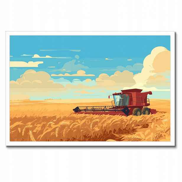 Plakáty v rámu 60x40 Červený kombajn v poli na sklizni