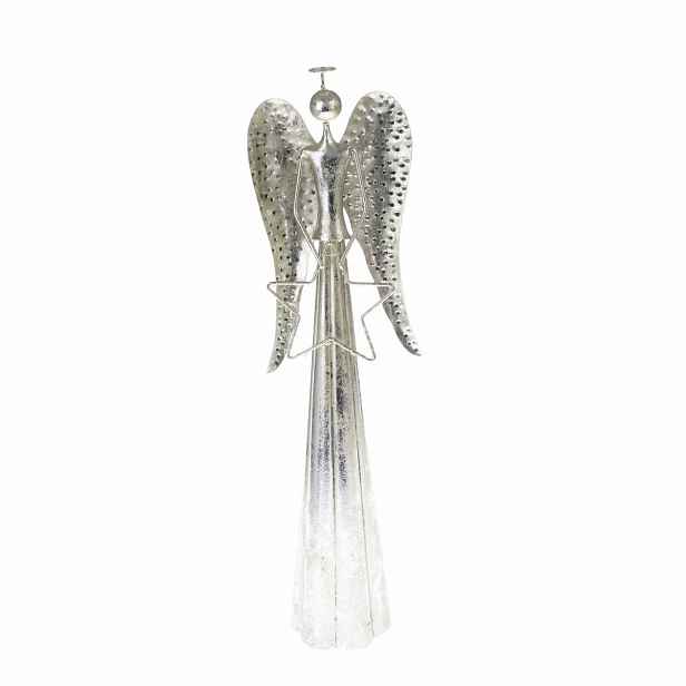 Vánoční kovová LED dekorace Angel with star stříbrná, 23 x 70 cm