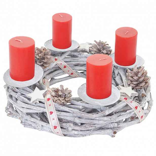 MCW ADVENTNÍ VĚNEC DŘEVĚNÝ Ø 30 CM SE SVÍČKAMI ČERVENÝ Bílý, červený