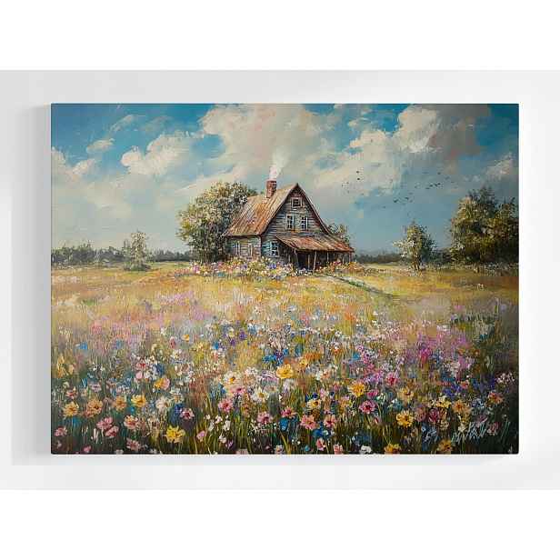 Plakát Krajina Vesnice Dům Chata Louka Květiny Jaro 100x75