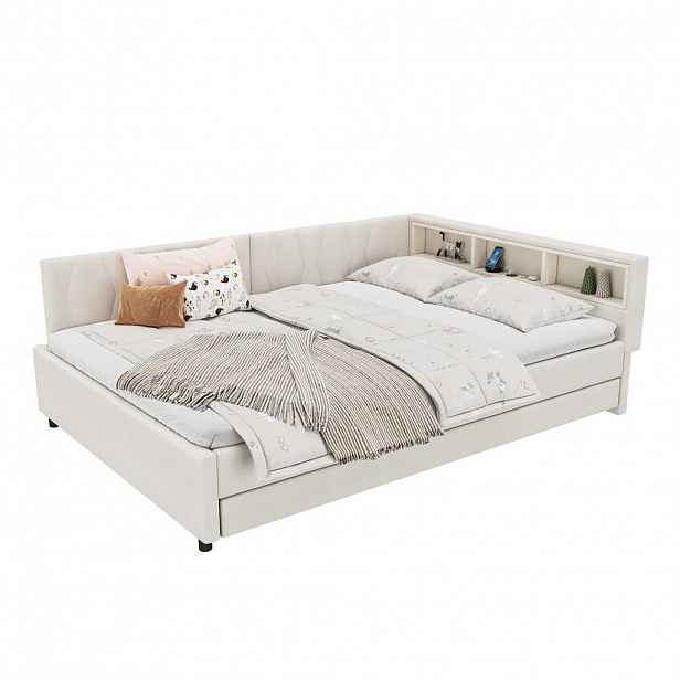 CHICFURN VÝSUVNÁ POSTEL 140/200 cm v béžové barvě s LED osvětlením, USB a Type-C