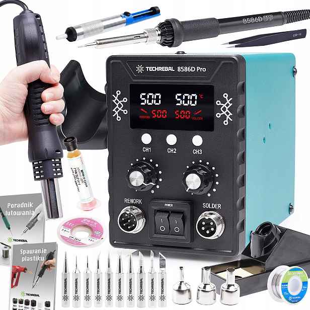 Pájecí Stanice Techrebal 8586D Pro 760W Hot Air 10X Hrotů Cín Flux Esd
