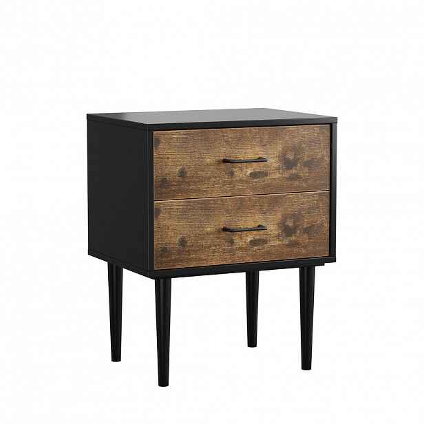 Urban Meuble NOČNÍ STOLEK 51 cm vintage hnědý - industriální design se 2 zásuvkami a nohami z masivu