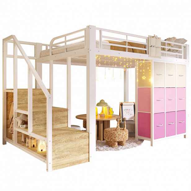CHICFURN VYVÝŠENÁ POSTEL 140/200 cm v bílé barvě se zásuvkami, šatní tyčí a schody