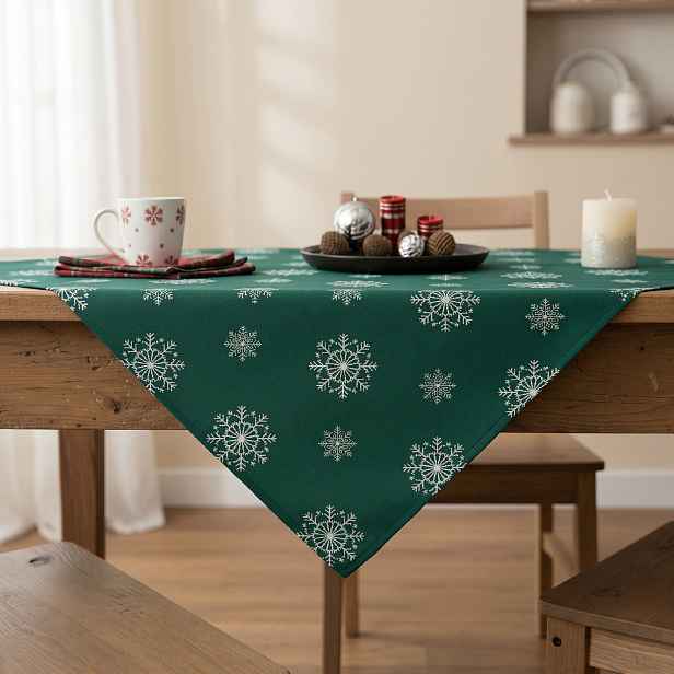 Vánoční ubrus na stůl SNOWFLAKE smaragdová/stříbrná 85x85 cm