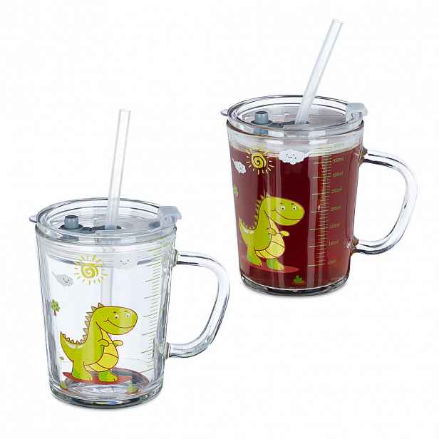 Relaxdays SKLENICE Transparentní zelená 2dílná-sada pro děti s víčkem a brčkem 400 ml