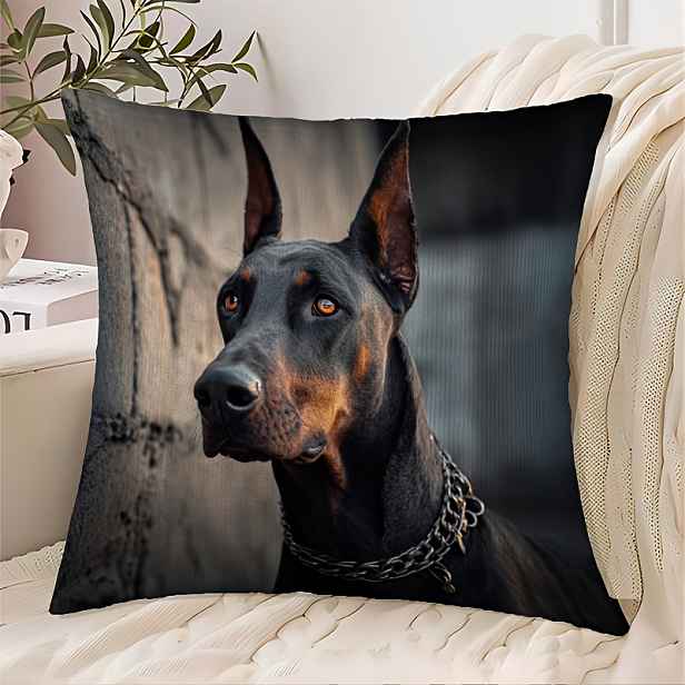 TEMU 1 ks Dekorativní povlak na polštář Doberman - Realistický černý a žlutý - 18x18 palců čtvercová dekorace do obýváku, ložnice vánoční párty -
