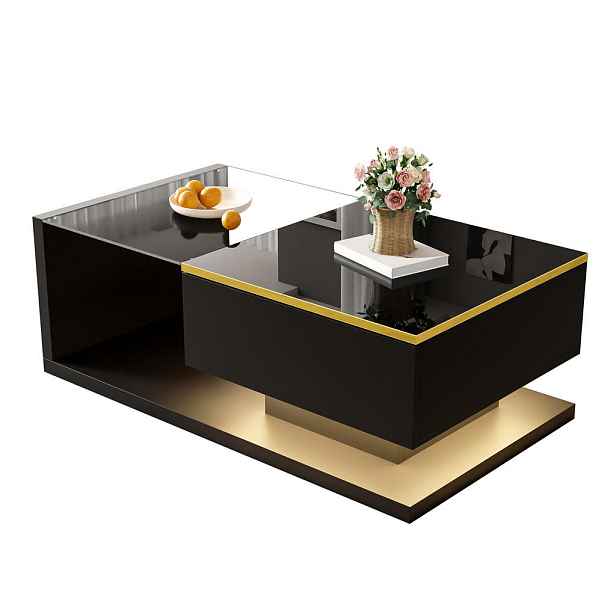 EVRYAE KONFERENČNÍ STOLEK se skleněnou deskou LED osvětlením povrchem ve vysokém lesku úložným prostorem 100/50 cm