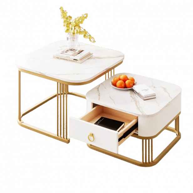 OKWISH KONFERENČNÍ stolek 60/60/45 cm bílý a zlatý z MDF s mramorovým dekorem a zásuvkou