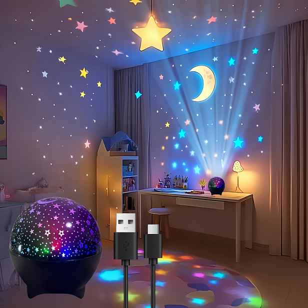 TEMU Lampa s projekcí hvězd, 7 , noční světlo do ložnice, , obývacího pokoje - fantasy motiv, instalace na stůl, bez nutnosti baterií, vhodné pro 11