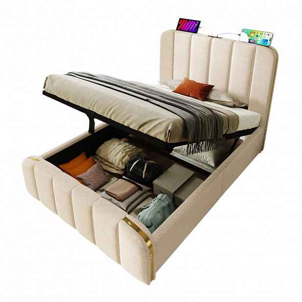 CHICFURN ČALOUNĚNÁ POSTEL 90/200 cm v béžové barvě s úložným prostorem, USB a Type-C