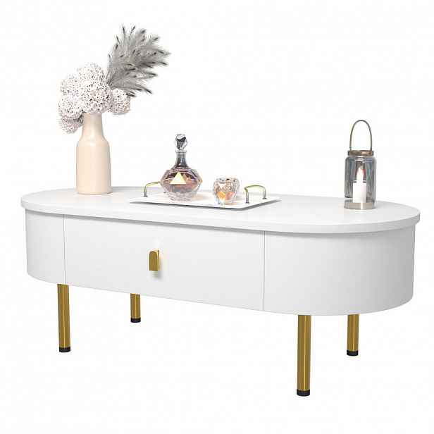 OKWISH KONFERENČNÍ stolek 108/50/40 cm bílý se zlatými detaily z MDF se 2 zásuvkami