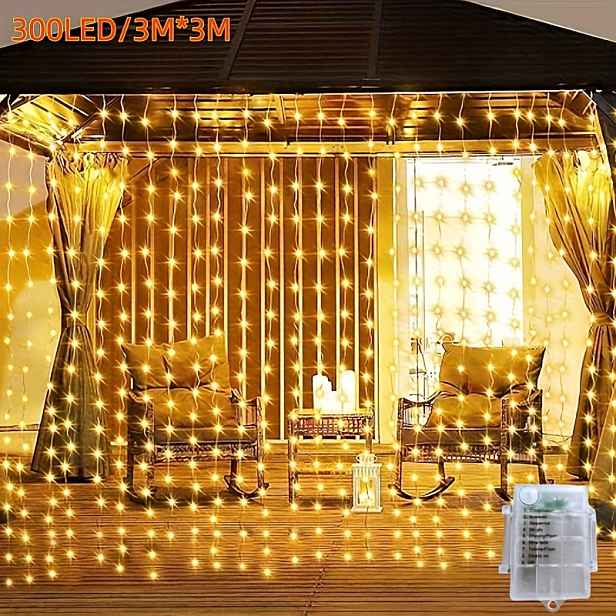 TEMU Venkovní vodopádové světlo s 300 LED, X závěsné světelné řetězy, 8 režimů, ovládání tlačítkem, vhodné pro venkovní dvůr, zahradu, svatbu a