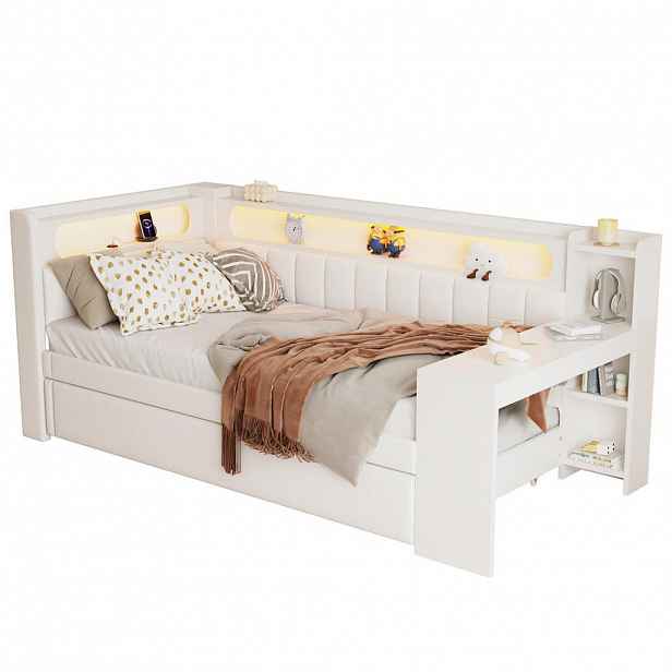 CHICFURN POSTEL 90/200 cm v bílé barvě s výsuvným lůžkem, LED a USB