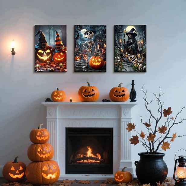 Halloweenská ozdoba 3 Obrazy na plátně 50x70 cm Čarodějnice Dýně Čarodějnice